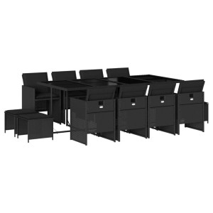 13 pcs conjunto de jantar p/jardim com almofadões vime PE preto H