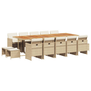 15 pcs conjunto de jantar p/ jardim com almofadões vime PE bege H