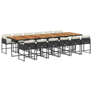 Set comedor de jardín con cojines 13 pzas ratán sintético negro H