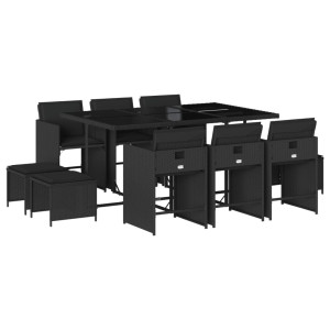 Set de comedor jardín 11 pzas con cojines ratán sintético negro H