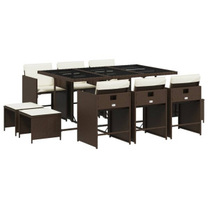 Set comedor de jardín 11 pzas y cojines ratán sintético marrón H