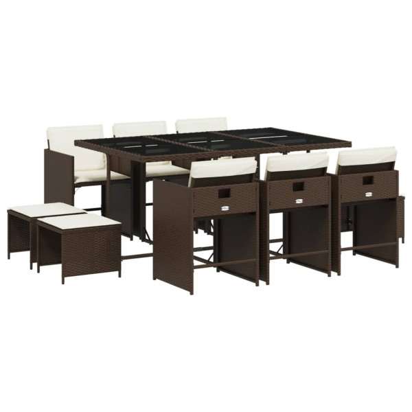 Set comedor de jardín 11 pzas y cojines ratán sintético marrón M 2