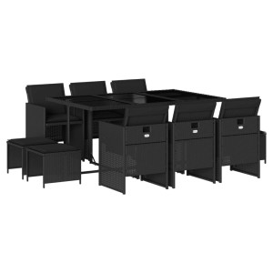 11 pcs conjunto de jantar p/ jardim c/ almofadões vime PE preto H