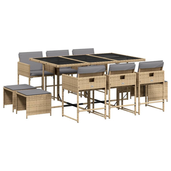 Set comedor de jardín 11 pzas con cojines ratán sintético beige M 2