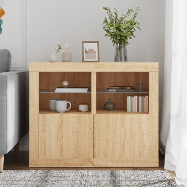 Mesitas de noche luces LED 2 uds madera ingeniería roble Sonoma M 3