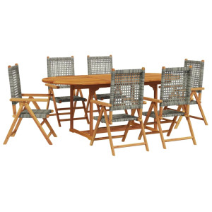 7 pcs conj. de jantar p/ jardim vime PE/madeira maciça cinza H