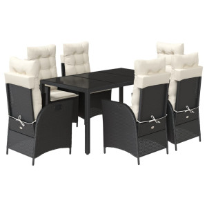 7 pcs conjunto de jantar p/ jardim c/ almofadões vime PE preto H