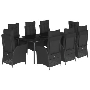 9 pcs conjunto de jantar p/ jardim c/ almofadões vime PE preto H