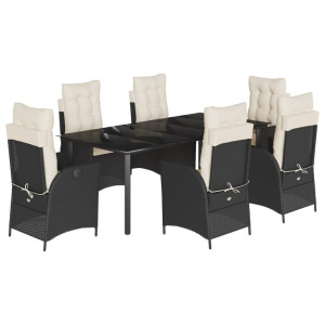 7 pcs conjunto de jantar p/ jardim c/ almofadões vime PE preto H