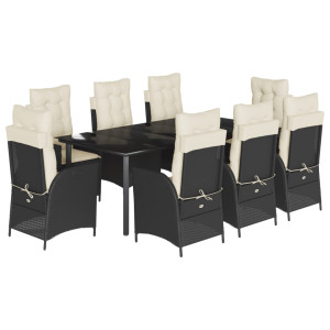 9 pcs conjunto de jantar p/ jardim c/ almofadões vime PE preto H