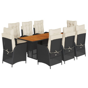 9 pcs conjunto de jantar p/ jardim c/ almofadões vime PE preto H