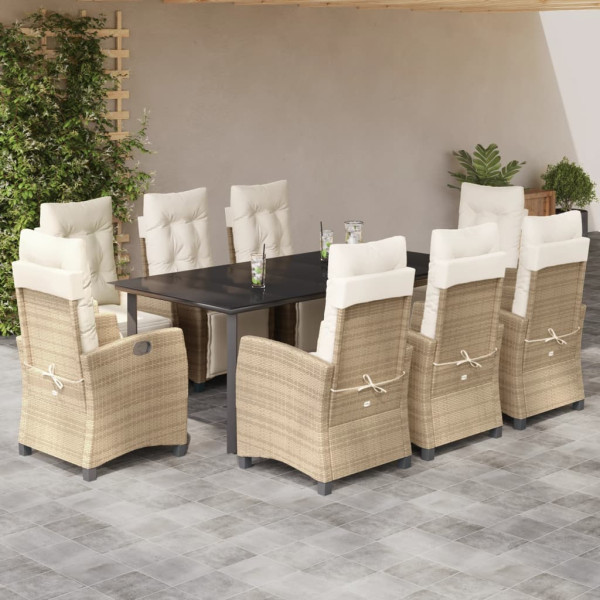 Set comedor de jardín 9 pzas con cojines ratán sintético beige D