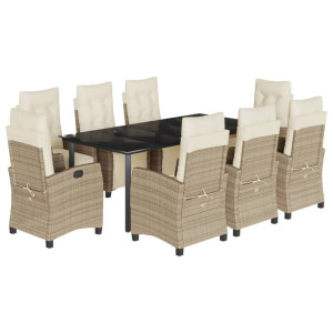 9 pcs conjunto de jantar p/ jardim com almofadões vime PE bege H