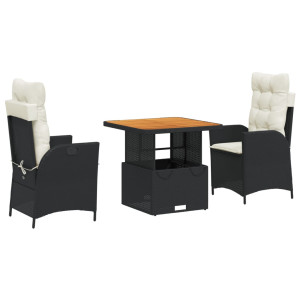 3 pcs conjunto de jantar p/ jardim c/ almofadões vime PE preto H