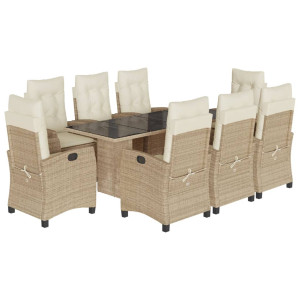 9 pcs conjunto de jantar p/ jardim com almofadões vime PE bege H