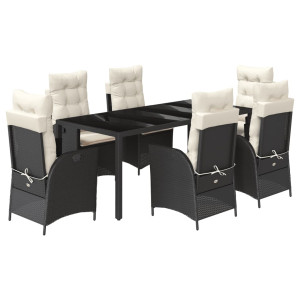 7 pcs conjunto de jantar p/ jardim c/ almofadões vime PE preto H