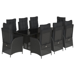 9 pcs conjunto de jantar p/ jardim c/ almofadões vime PE preto H