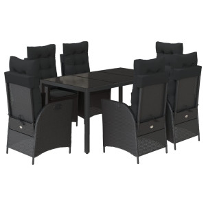 7 pcs conjunto de jantar p/ jardim c/ almofadões vime PE preto H