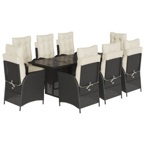 9 pcs conjunto de jantar p/ jardim c/ almofadões vime PE preto H