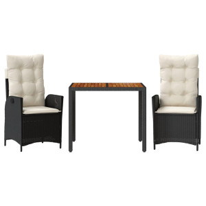 Set comedor de jardín 3 pzas con cojines ratán sintético negro H