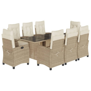 9 pcs conjunto de jantar p/ jardim com almofadões vime PE bege H