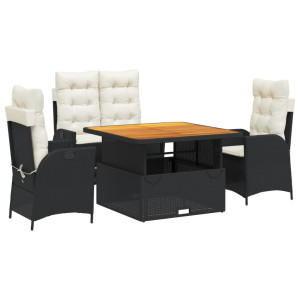 4 pcs conjunto de jardim p/ jardim c/ almofadões vime PE preto H
