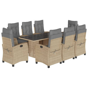 9 pcs conj. jantar jardim c/ almofadões vime PE bege misturado H