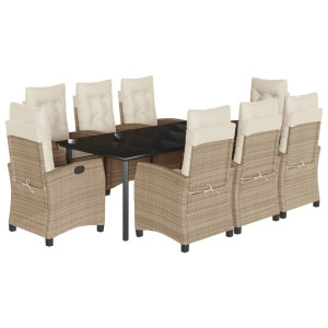 9 pcs conjunto de jantar p/ jardim com almofadões vime PE bege H