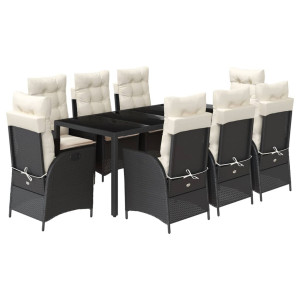 9 pcs conjunto de jantar p/ jardim c/ almofadões vime PE preto H