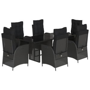 7 pcs conjunto de jantar p/ jardim c/ almofadões vime PE preto H