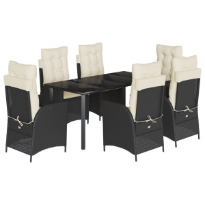 7 pcs conjunto de jantar p/ jardim c/ almofadões vime PE preto H