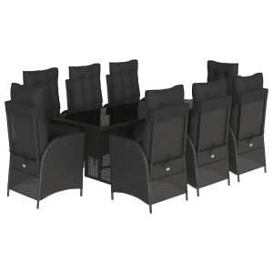 9 pcs conjunto de jantar p/ jardim c/ almofadões vime PE preto H