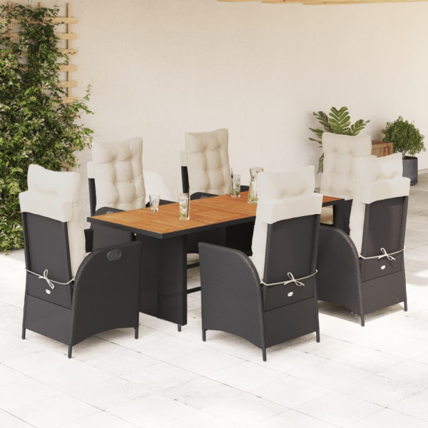 7 pcs conjunto de jantar p/ jardim c/ almofadões vime PE preto D
