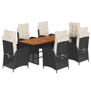 7 pcs conjunto de jantar p/ jardim c/ almofadões vime PE preto H