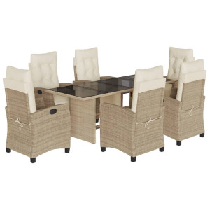 7 pcs conjunto de jantar p/ jardim com almofadões vime PE bege H