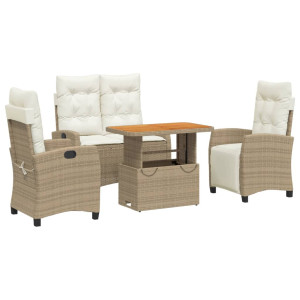4 pcs conjunto de jantar p/ jardim c/ almofadões vime PE bege H