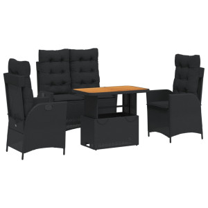 4 pcs conjunto de jardim p/ jardim c/ almofadões vime PE preto H