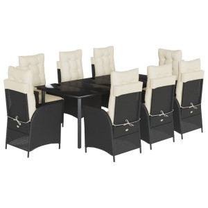 9 pcs conjunto de jantar p/ jardim c/ almofadões vime PE preto H