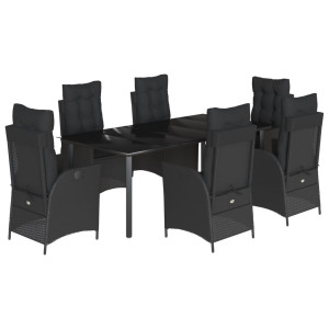 7 pcs conjunto de jantar p/ jardim c/ almofadões vime PE preto H