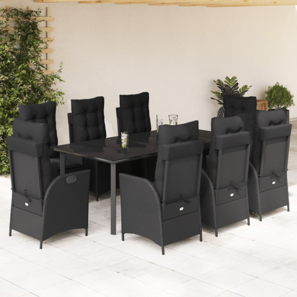 9 pcs conjunto de jantar p/ jardim c/ almofadões vime PE preto D