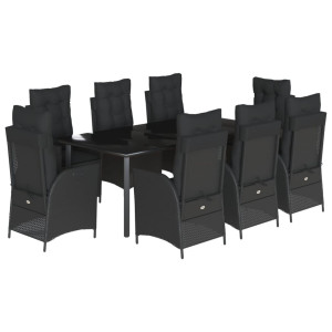 9 pcs conjunto de jantar p/ jardim c/ almofadões vime PE preto H