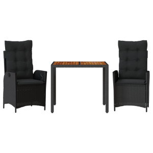 3 pcs conjunto de jantar p/ jardim c/ almofadões vime PE preto H
