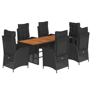 7 pcs conjunto de jantar p/ jardim c/ almofadões vime PE preto H