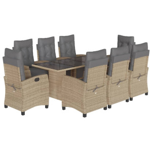 9 pcs conj. jantar jardim c/ almofadões vime PE bege misturado H