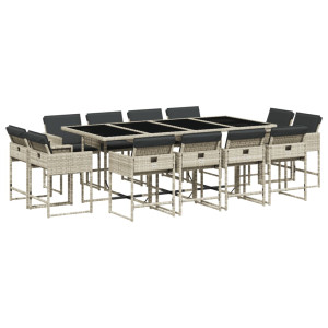 13 pcs conj. jantar jardim c/ almofadões vime PE cinzento-claro H