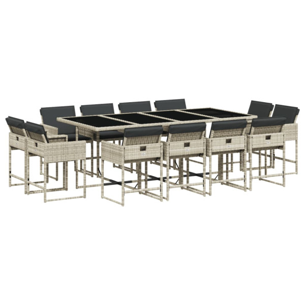 13 pcs conj. jantar jardim c/ almofadões vime PE cinzento-claro M 2