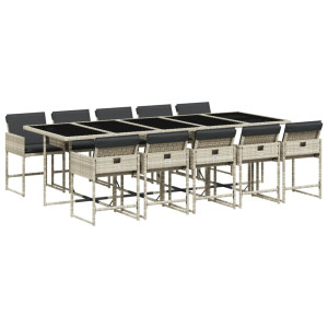 11 pcs conjunto jantar p/ jardim c/ almofadões vime PE cinzento H