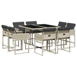 Set comedor de jardín 9 pzas cojines ratán sintético gris claro H