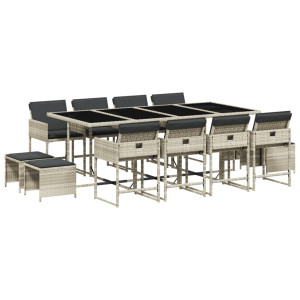 13 pcs conj. jantar jardim c/ almofadões vime PE cinzento-claro H
