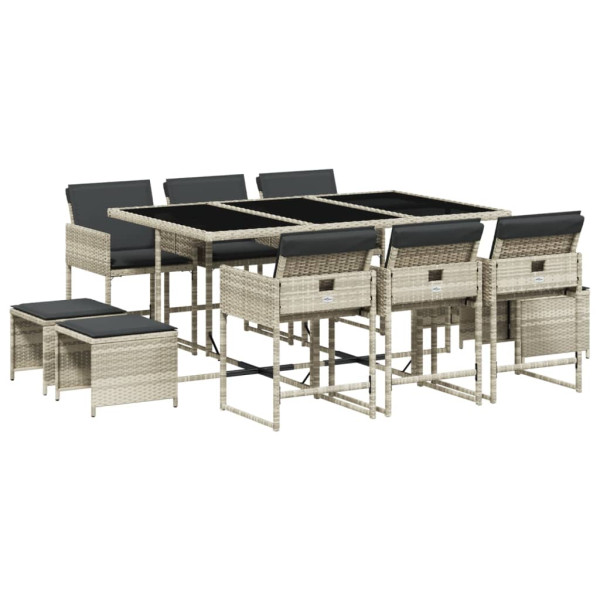 Set de comedor de jardín 11 pzas y cojines ratán sintético gris M 2